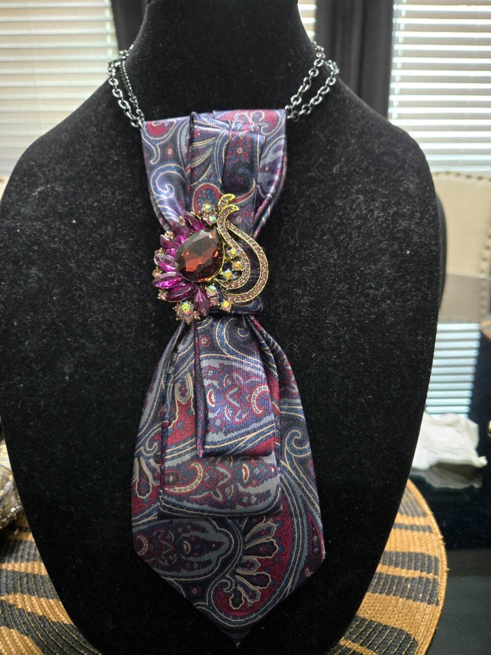 Decorative Tie Necklace with Brooch